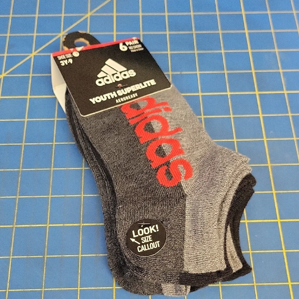Adidas Youth Superlite Gray Black & Red No Show Socks 6 pair Bundle NWT